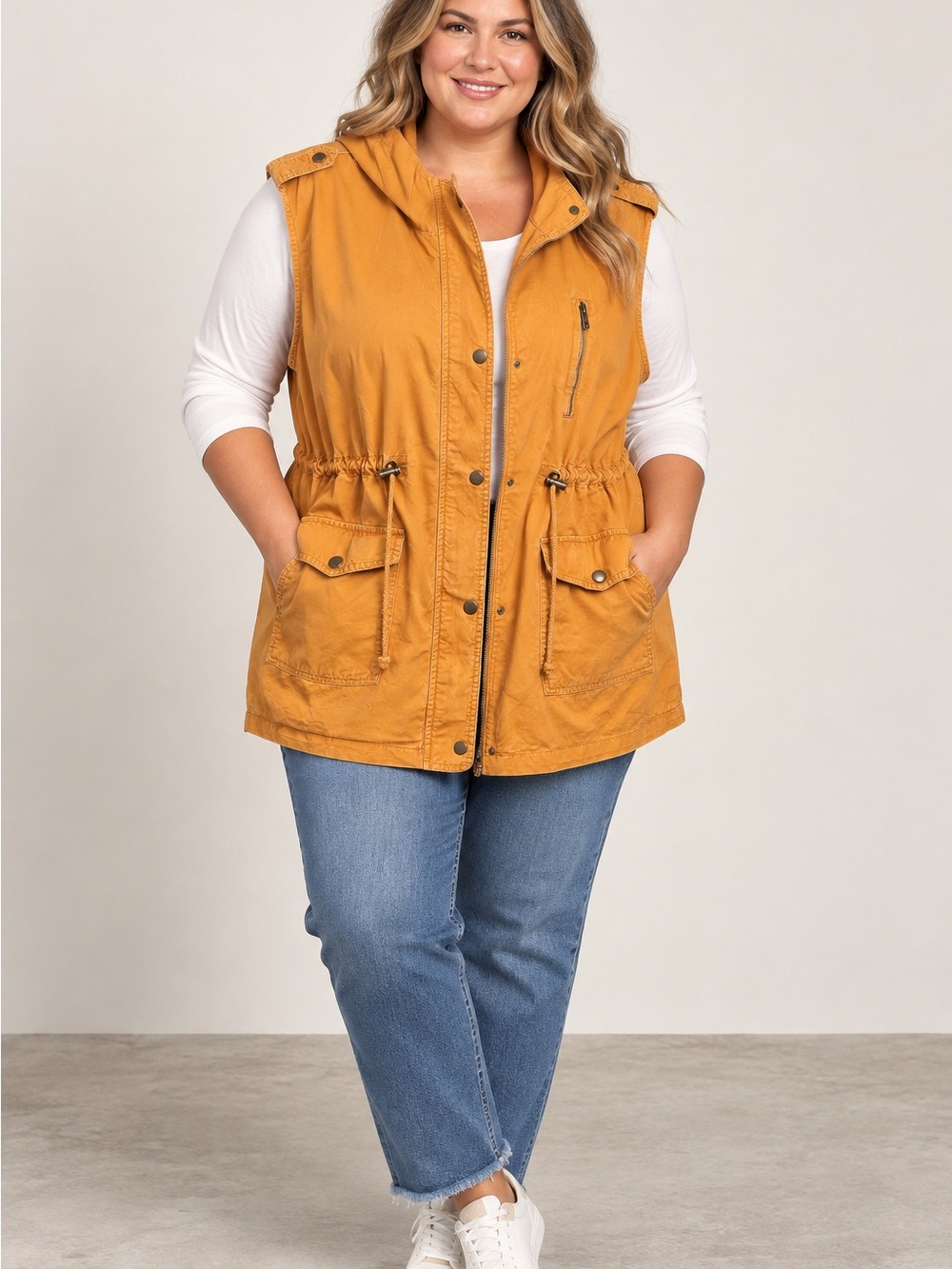 Zenana Outfitters Mustard Hooded Utility Vest, Size 2X